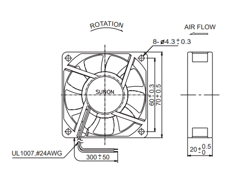 Габаритные размеры вентилятора PMD2407PKV1-A Sunon