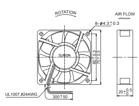 Габаритные размеры вентилятора PMD2407PKV3-A Sunon