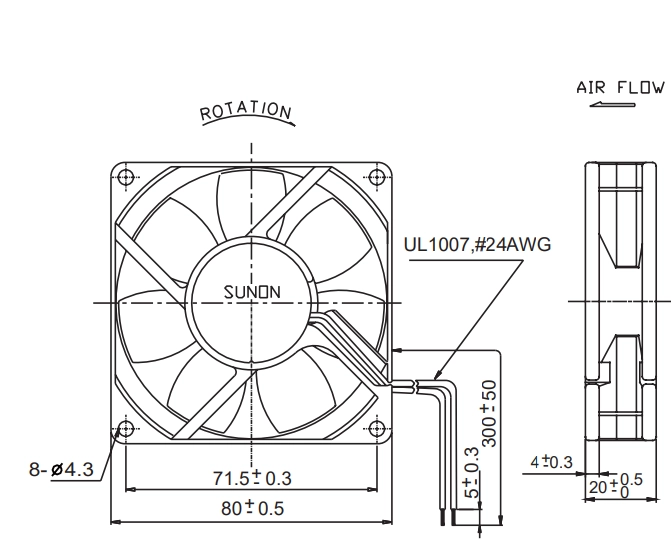 Габаритные размеры вентилятора PMD2408PKV3-A Sunon