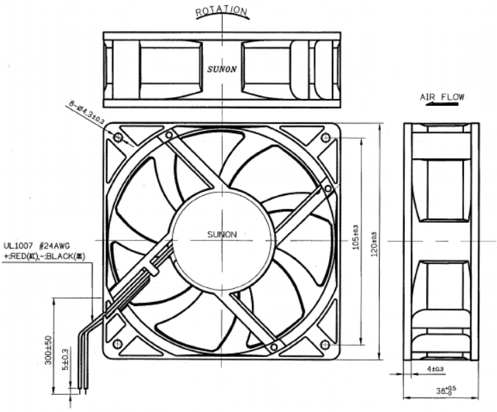 Габаритные размеры Sunon PMD4812PMB1-A Габаритные размеры Sunon PMD4812PMB1-A