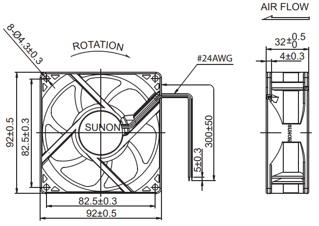 Габаритные размеры Sunon PSD1209PLV2-A Габаритные размеры Sunon PSD1209PLV2-A