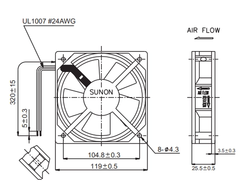 Габаритные размеры вентилятора SF12025AT Sunon