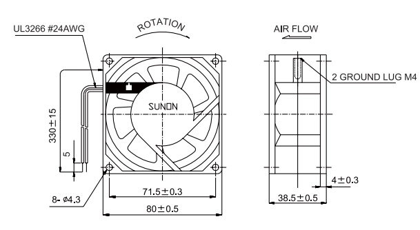 Габаритные размеры вентилятора SF23080A Sunon