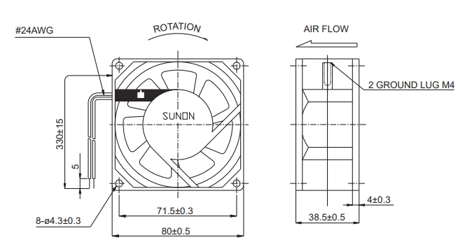 Габаритные размеры вентилятора SF23080A2083HBL Sunon
