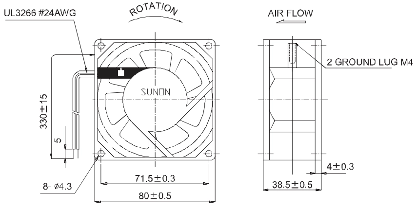 Габаритные размеры Sunon SF23080A2083HSL Габаритные размеры Sunon SF23080A2083HSL