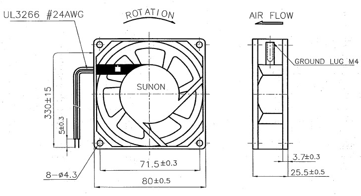 Габаритные размеры Sunon SF23080АТ2082HSL Габаритные размеры Sunon SF23080АТ2082HSL