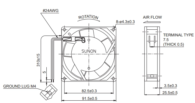 Габаритные размеры вентилятора SF23092A-2092HBL.GN Sunon