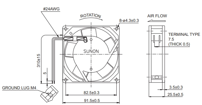 Габаритные размеры вентилятора SF23092A-2092MBL.GN Sunon