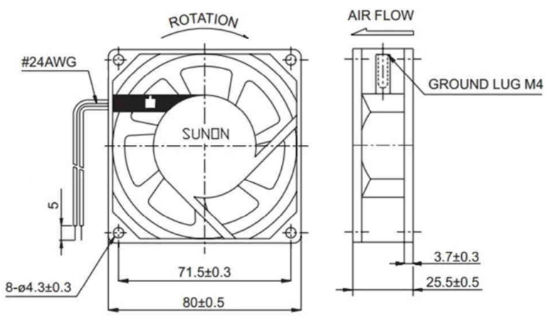 Габаритные размеры Sunon SF8025AT2082HSL Габаритные размеры Sunon SF8025AT2082HSL