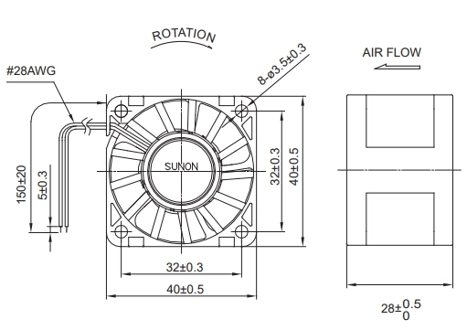 Габаритные размеры вентилятора SG40281B1-000U-A99 Sunon
