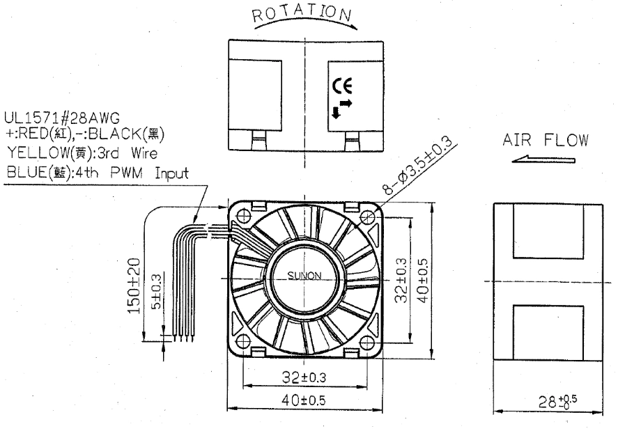 Габаритные размеры Sunon SG40281B1-000U-S99