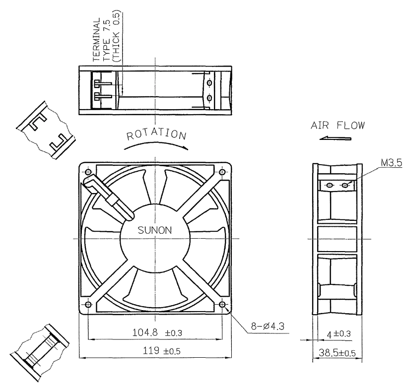 Габаритные размеры вентилятора SP100A1123XBT Sunon