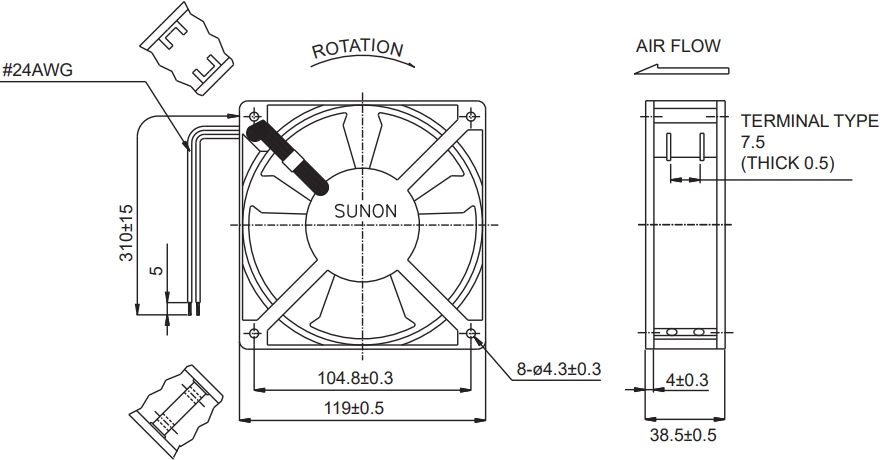 Габаритные размеры Sunon SP100A1123XST Габаритные размеры Sunon SP100A1123XST