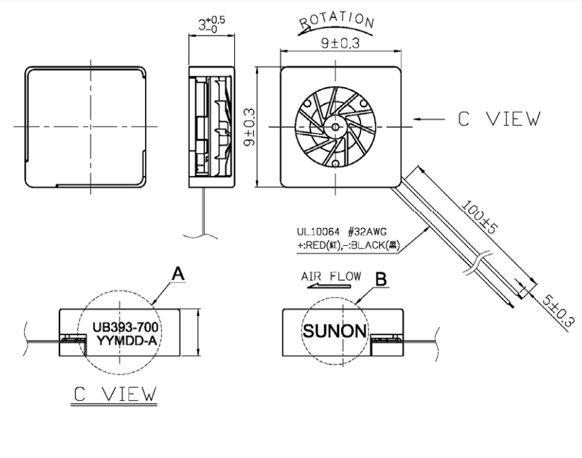 Габаритные размеры вентилятора UB393-700 Sunon