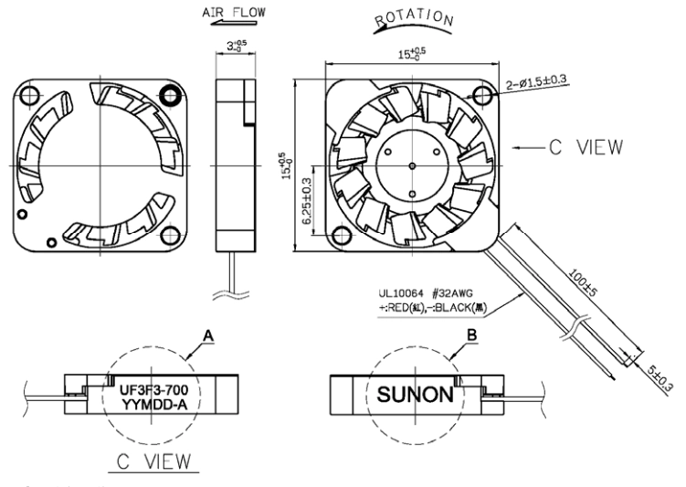 Габаритные размеры вентилятора UF3F3-700 Sunon