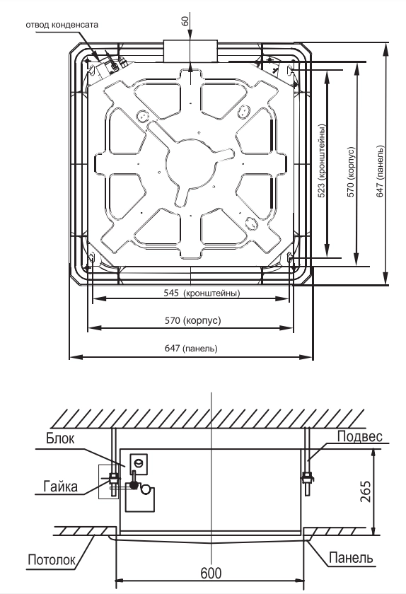 Габаритные размеры внутреннего блока SYSVRF2 CASSETTE 56 Q