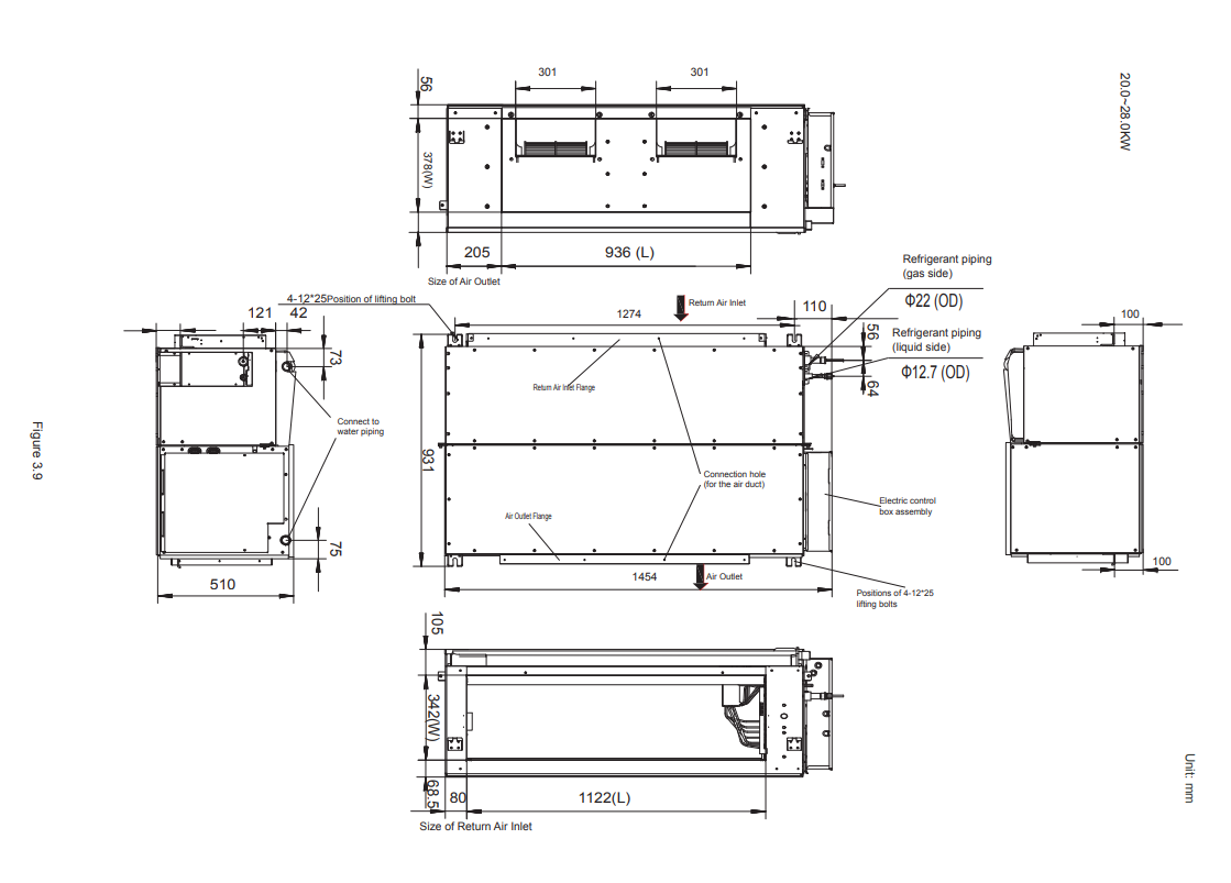 Габаритные размеры внутреннего блока SYSVRF2 DUCT HP 280 Q