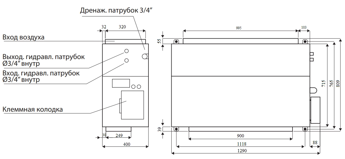 Габаритные и монтажные размеры фанкойла SYSIMPLE FDTH160M