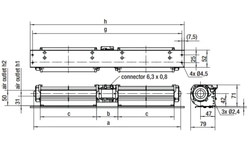 Габаритные размеры тангенциального вентилятора QLK45/3030A4-3038LH-24 mm