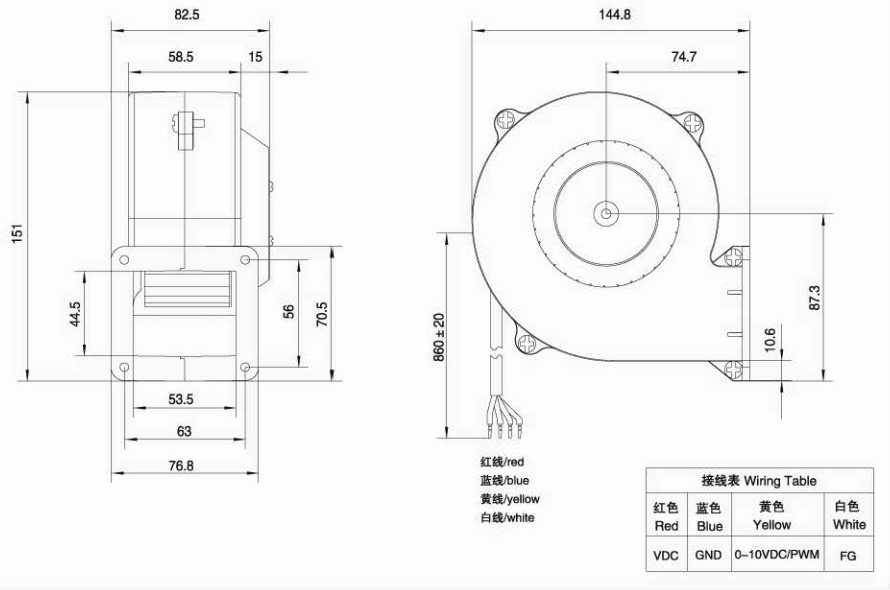 Габаритные размеры центробежного вентилятора Weiguang DC053/10B3G01-FG97/45S1-01
