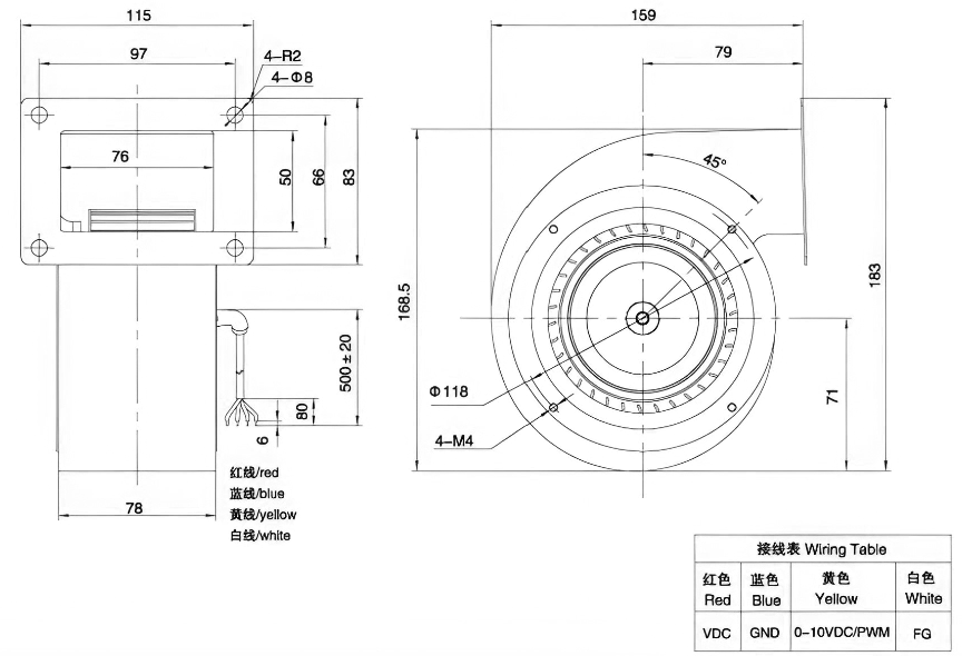 Габаритные размеры центробежного вентилятора Weiguang DC072/14C3G01-FG108/52S1-01