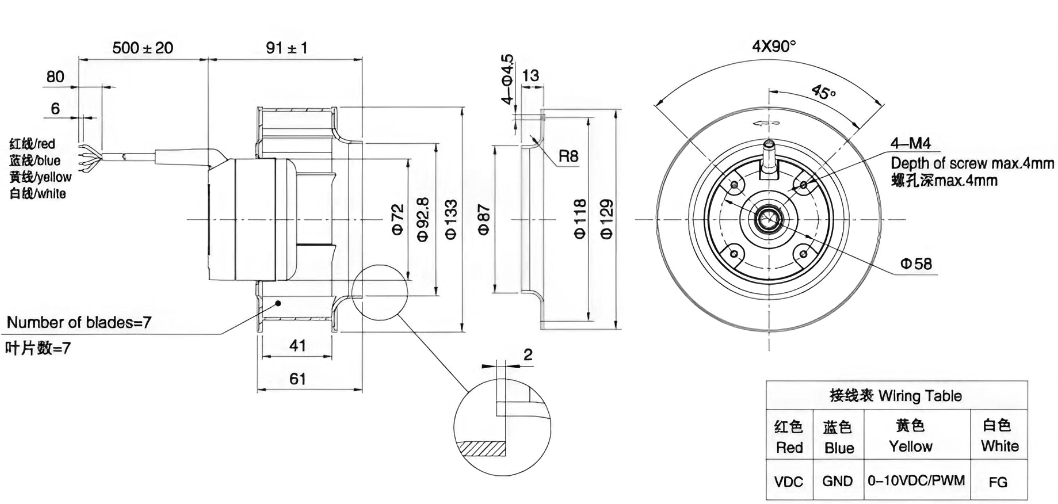Габаритные размеры центробежного вентилятора Weiguang DC092/14C3G01-B133/41P1-02