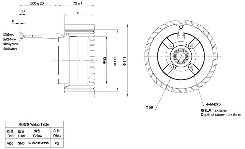 Габаритные размеры центробежного вентилятора Weiguang DC092/16C3G01-FR140/60P1-01