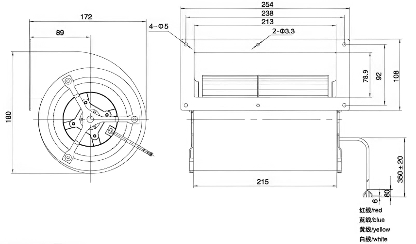 Габаритные размеры центробежного вентилятора Weiguang DC092/25C3G01-FD133/90S1-01