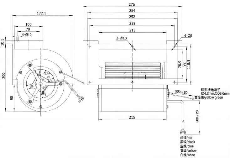 Габаритные размеры центробежного вентилятора Weiguang DC092/25H3G01-FD133/190S1-01