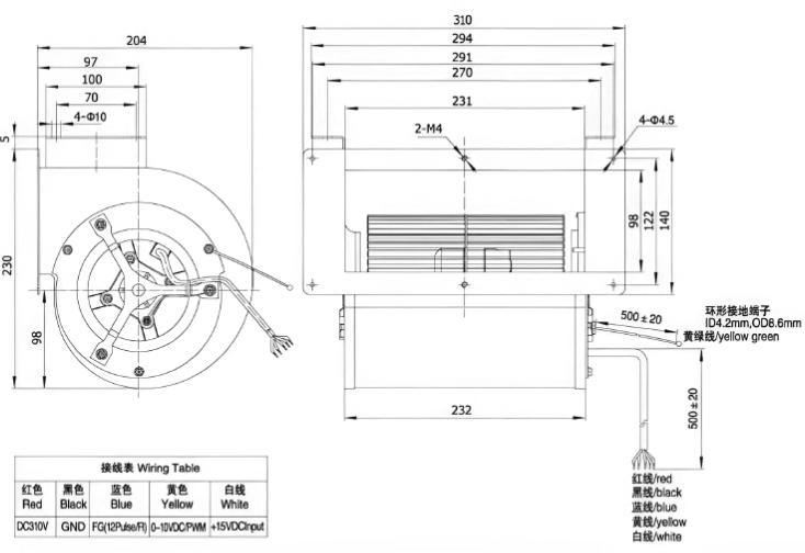 Габаритные размеры центробежного вентилятора Weiguang DC092/25H3G01-FD146/190S1-01