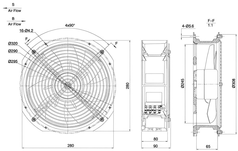 Габаритные размеры осевого вентилятора Weiguang DC092B3G1-AB250/80S1-01