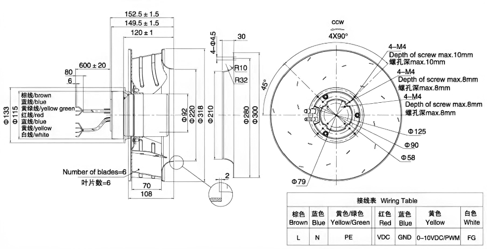 Габаритные размеры центробежного вентилятора Weiguang EC092/25E3G01-B310/70A1-01