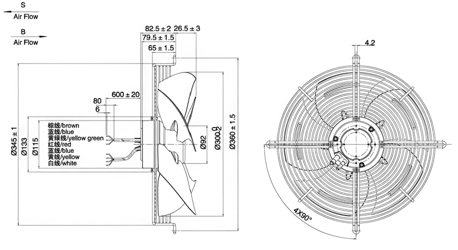 Габаритные размеры осевого вентилятора Weiguang EC092E3G1-AB300/60S1-01