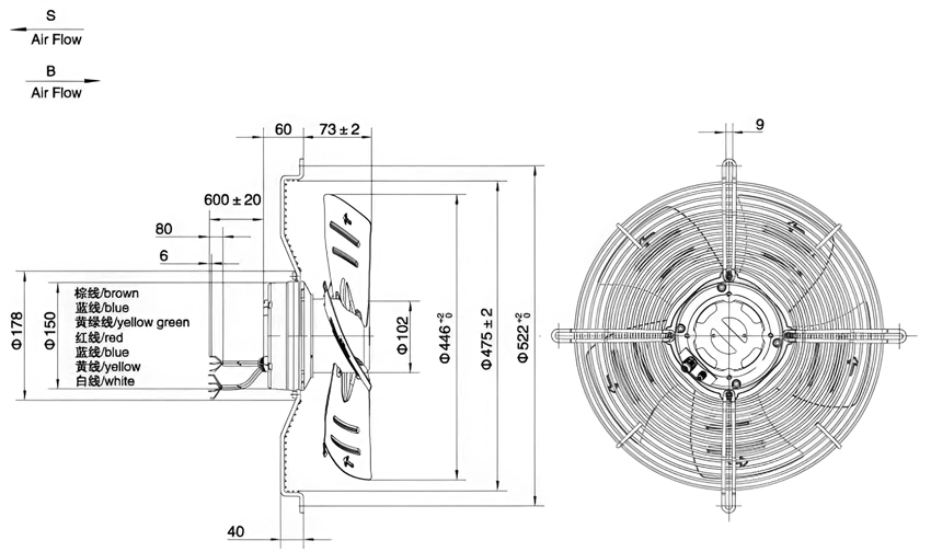 Габаритные размеры осевого вентилятора Weiguang EC102/35E3G01-AB450/72S1-01-G