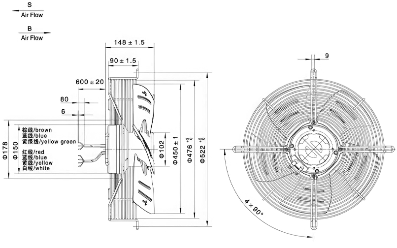 Габаритные размеры осевого вентилятора Weiguang EC102/50E3G01-AB450/92S1-01-G