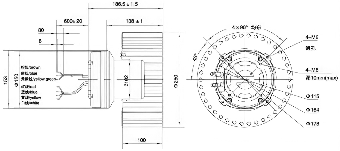Габаритные размеры центробежного вентилятора Weiguang EC102/50E3G01-FR250/100S1-01