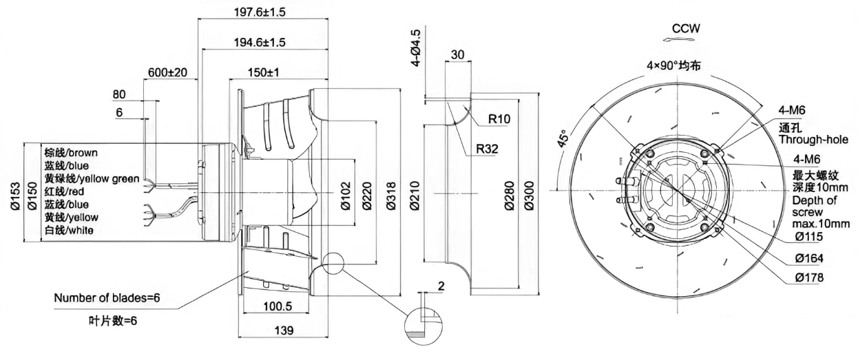 Габаритные размеры центробежного вентилятора Weiguang EC102/50F3G01-B310/100A1-01