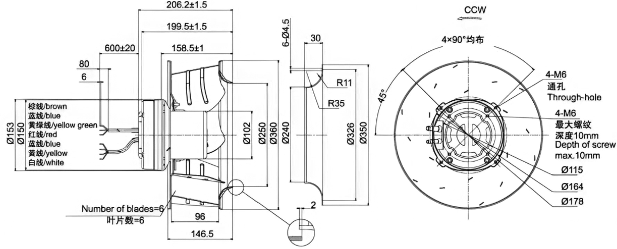 Габаритные размеры центробежного вентилятора Weiguang EC102/50F3G01-B355/96A1-01