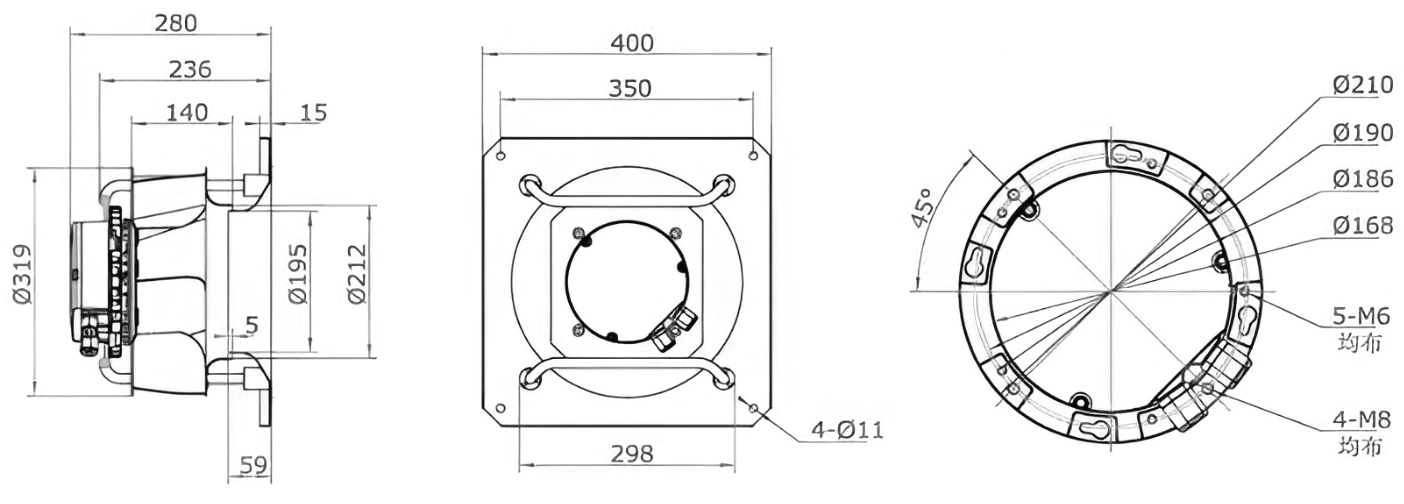 Габаритные размеры центробежного вентилятора Weiguang EC137/40E3G01-B315/98A1-01