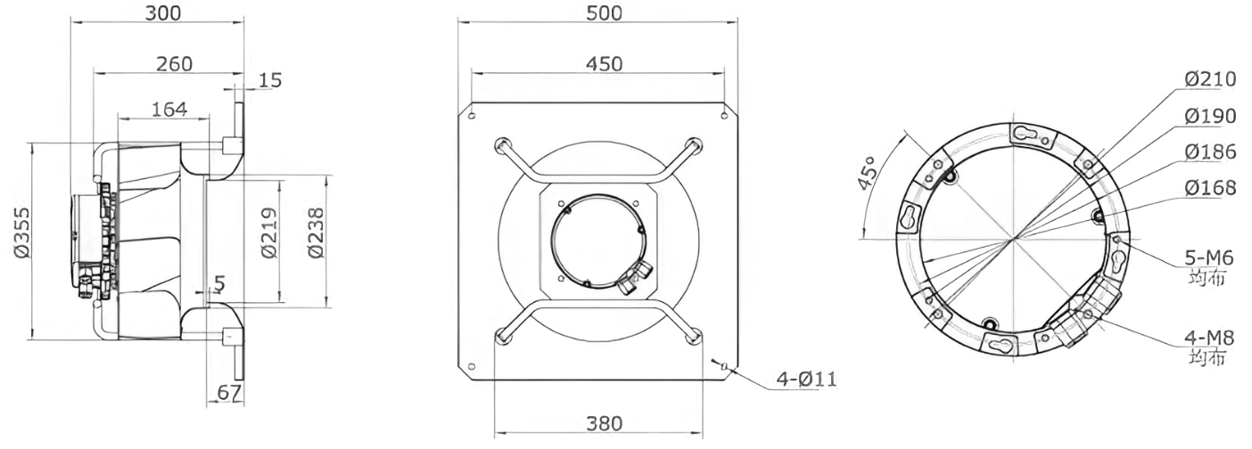 Габаритные размеры центробежного вентилятора Weiguang EC137/40E3G01-B355/110A1-01