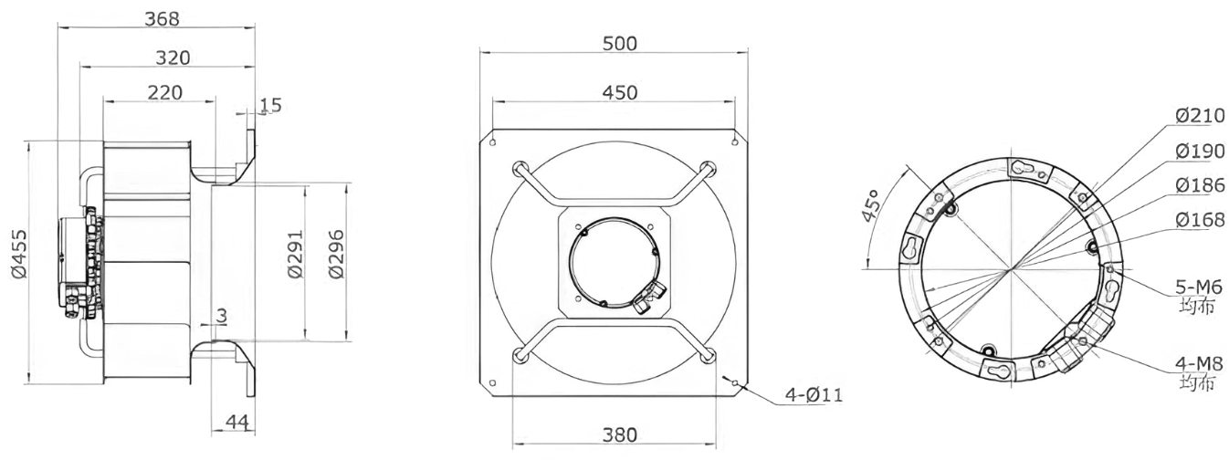 Габаритные размеры центробежного вентилятора Weiguang EC137/60E3G01-B450/123A1-01
