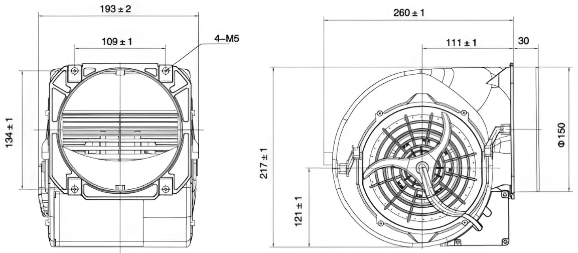 Габаритные размеры центробежного вентилятора Weiguang LXFFD2E146/151-M92/35-AA01