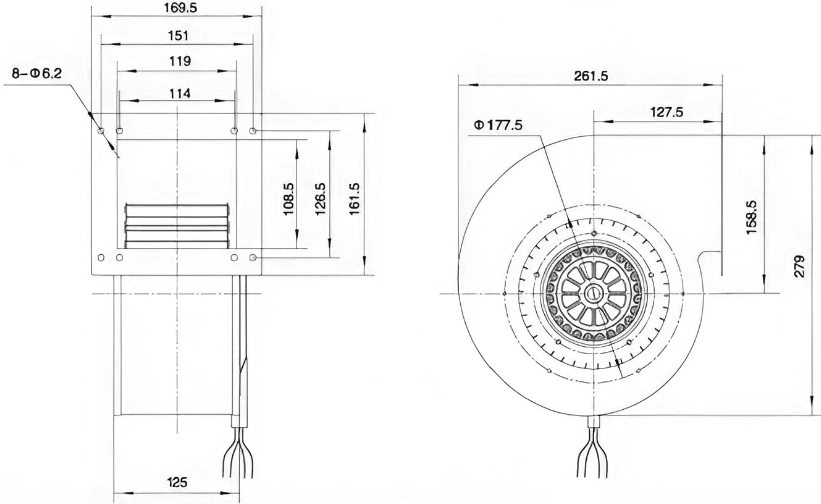 Габаритные размеры центробежного вентилятора Weiguang LXFFG4E180/90-M102/34-****