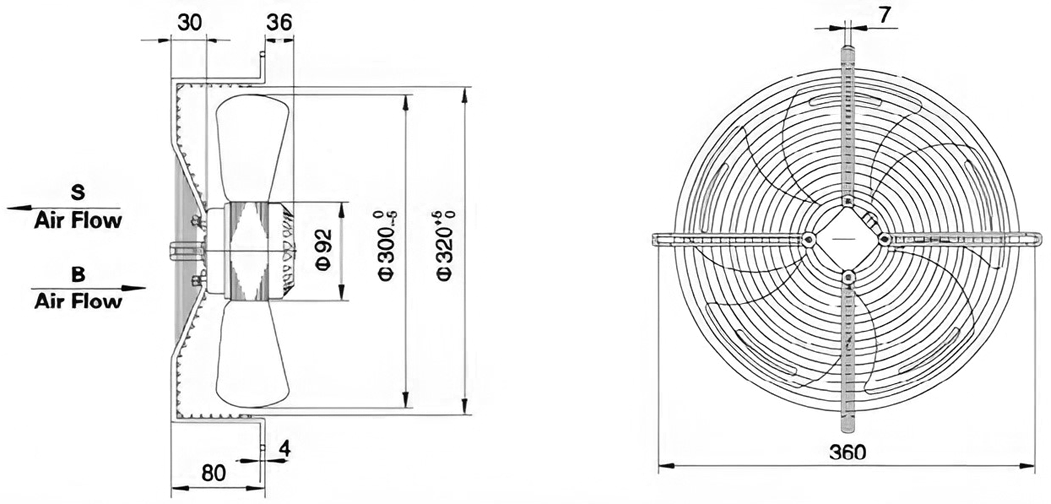 Габаритные размеры осевого вентилятора Weiguang YWF4D-300S(B)-92/35-G