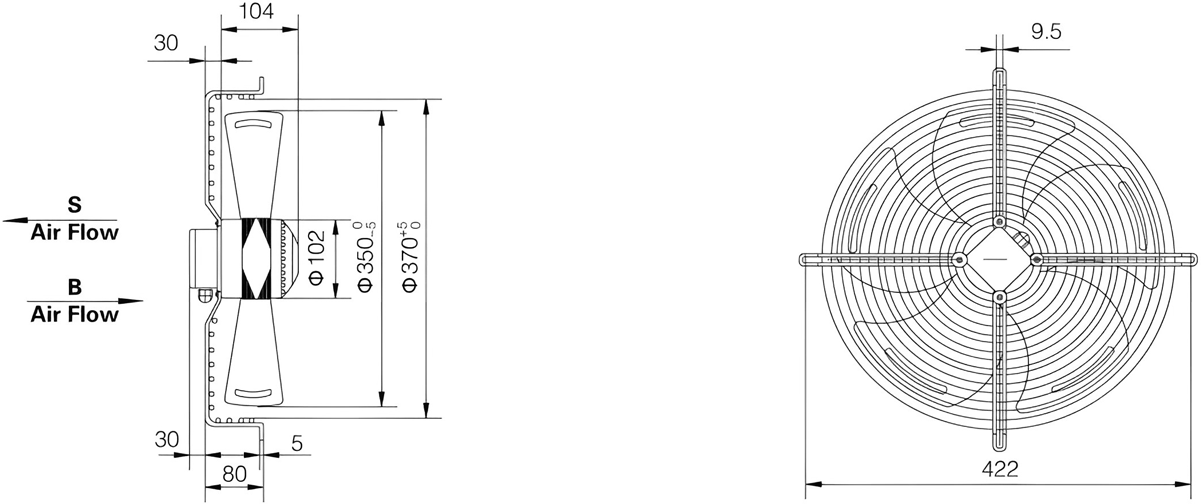 Габаритные размеры осевого вентилятора Weiguang YWF4D-350B-102/34-G