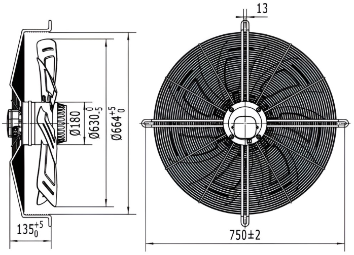 Габаритные размеры осевого вентилятора Weiguang YWF4D-630-S-180/75-G